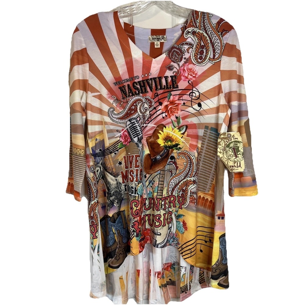 NWT One World Nashville Tunic Blouse‎ Sz M Hi Low Skirted Hem Art County Music